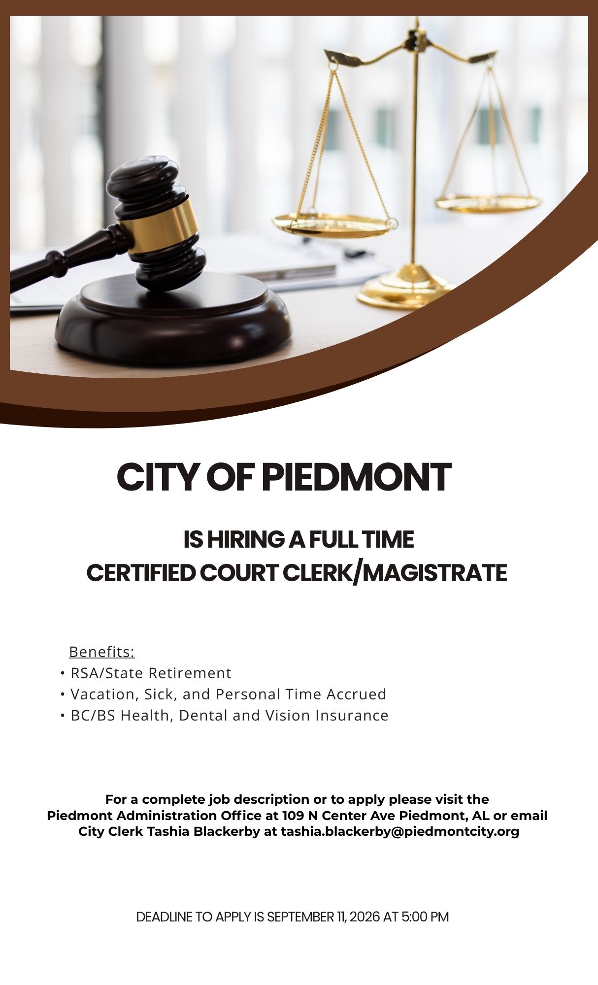 Court Clerk/Magistrate job announcement listing benefits, and the September 11, 2026 application deadline